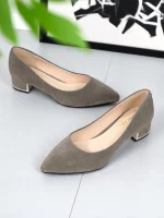 Women's Gray Faux Suede Block Heel Pumps with Pointed Toe, Low Heels for Office Work, Conferences and Business Travel - Image 4